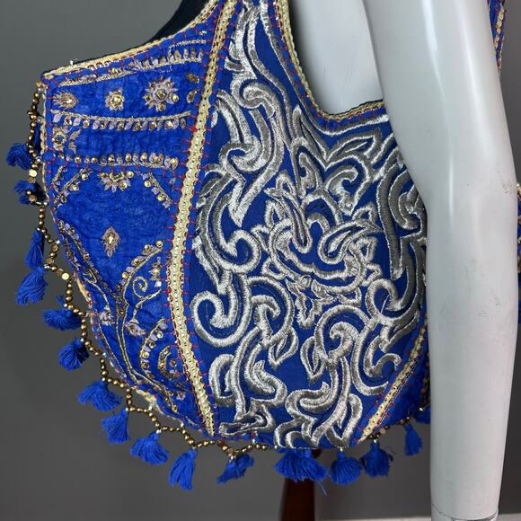 Boho Cross body Bag Tote Blue Colbalt India tassels beaded festival hippie - Picture 8 of 8